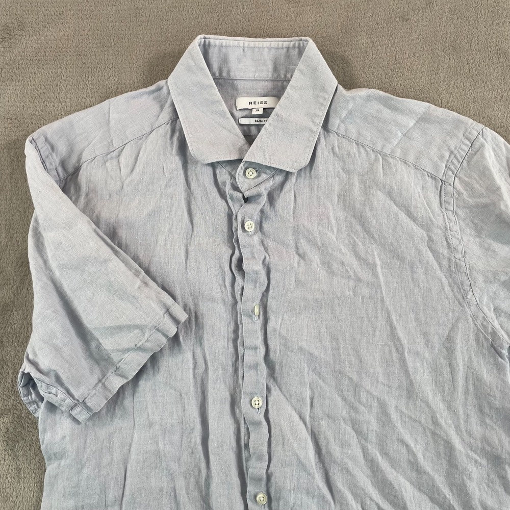 REISS Morrezmo Shirt Men XL Light Gray 100% Linen Slim Fit Short Sleeve Designer